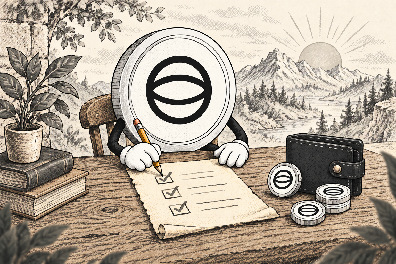 Worldcoin-inspired character exploring ideas